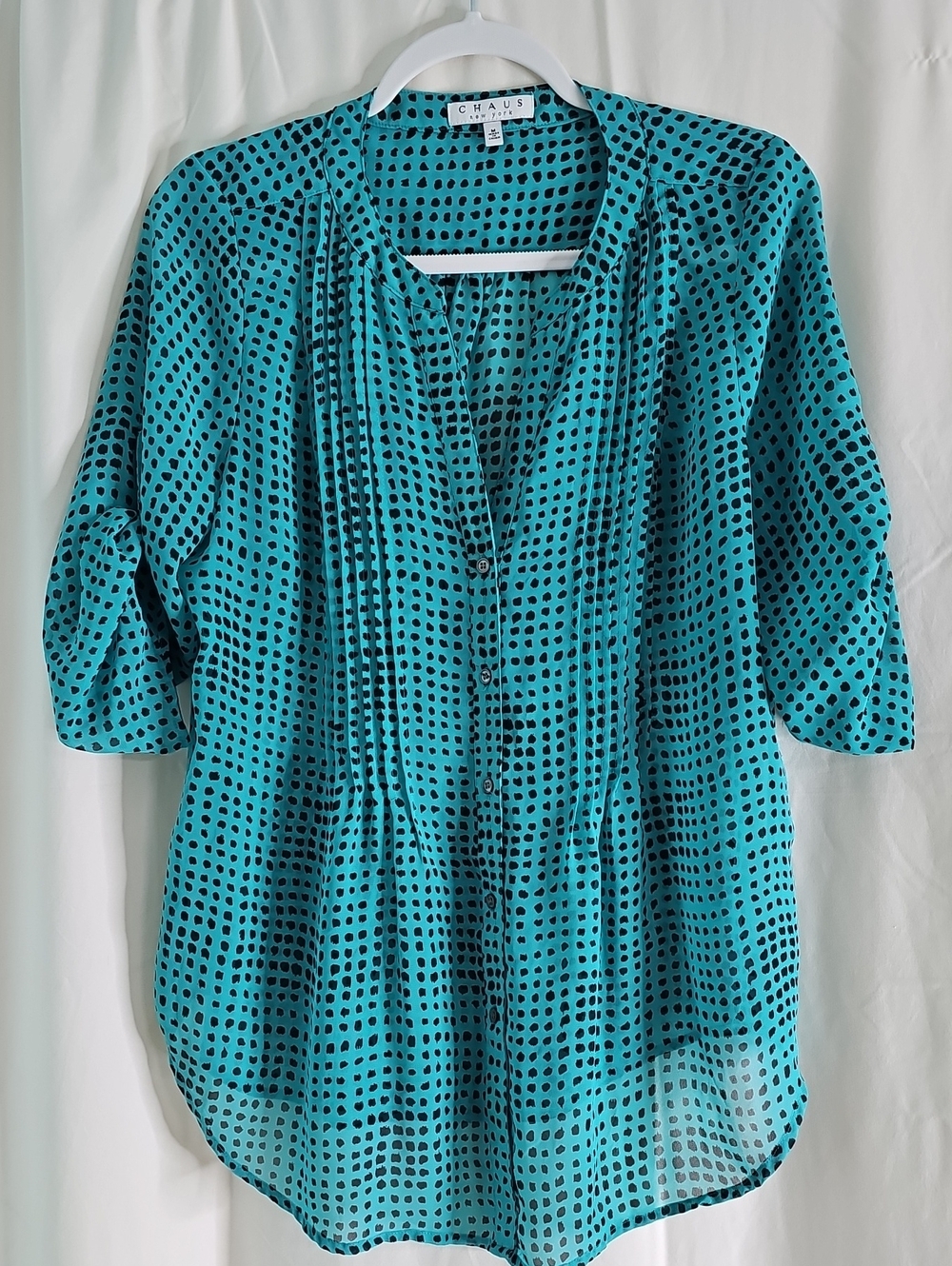 Chaus Teal and Black Dot Pintuck Button-Front Blouse - Picture 1 of 5